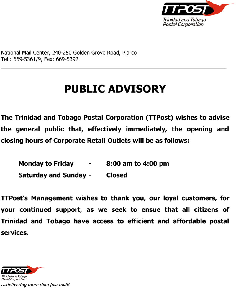 Opening and closing hours of Corporate Retail Outlets TTPOST